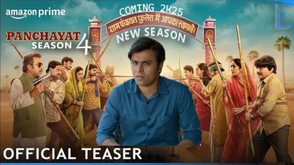 Jitendra Kumar as Abhishek Tripathi standing in front of the Phulera Panchayat office in Panchayat Season 4 promo image, Amazon Prime Video July 2025 release.