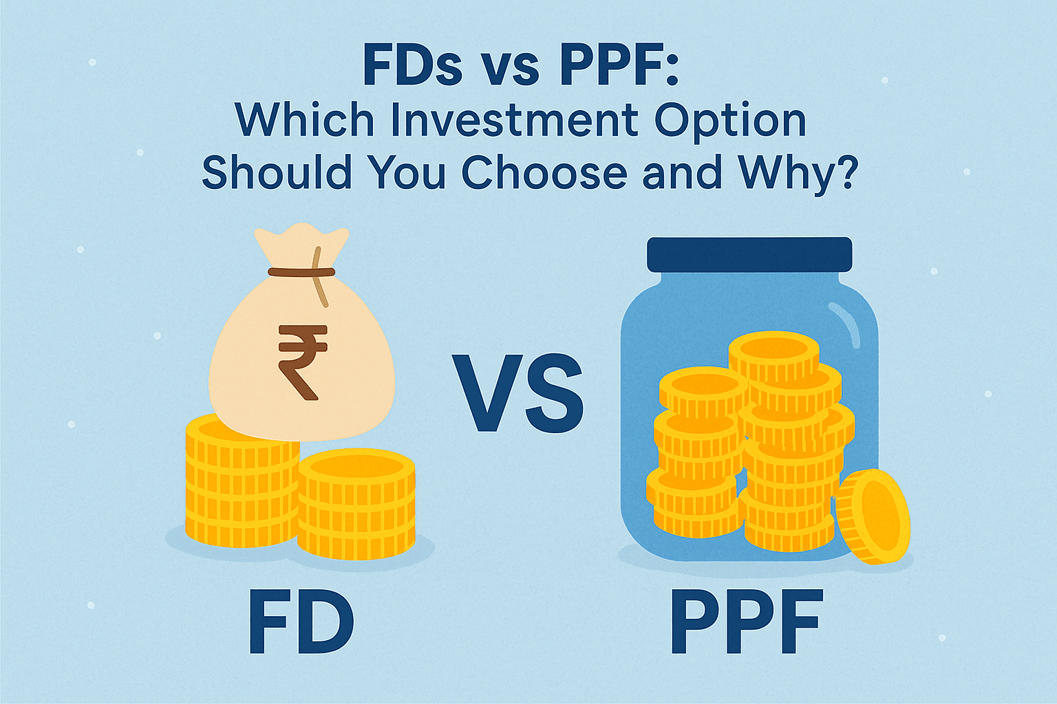 Infographic comparing Fixed Deposits (FDs) and Public Provident Fund (PPF) by interest rate, tax benefits, investment limits, and lock-in period.